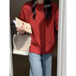 Fashionkova fall outfits 2024 Creamy-white Sweater Women's Autumn and Winter Loose Vintage Twist round Neck Lazy Pullover Sweater Women's Clothing