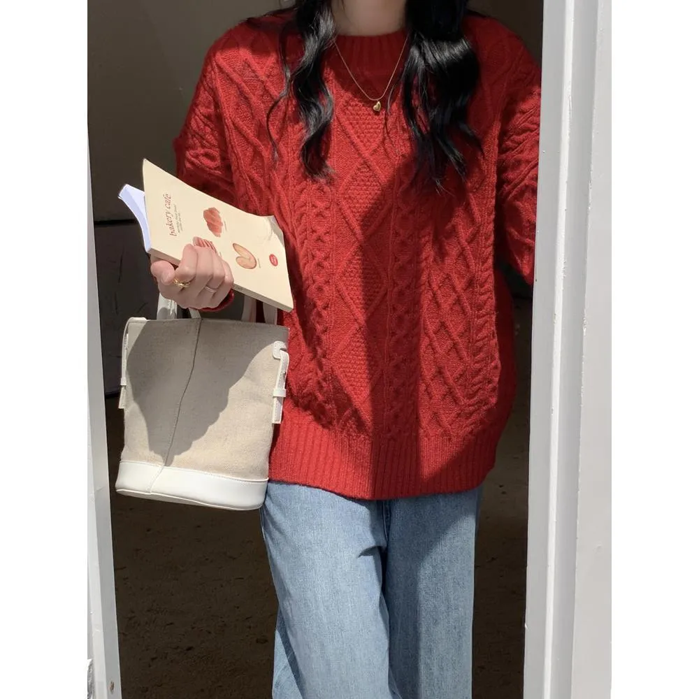 Fashionkova fall outfits 2024 Creamy-white Sweater Women's Autumn and Winter Loose Vintage Twist round Neck Lazy Pullover Sweater Women's Clothing