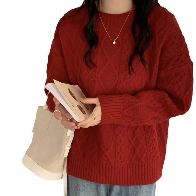 Fashionkova fall outfits 2024 Creamy-white Sweater Women's Autumn and Winter Loose Vintage Twist round Neck Lazy Pullover Sweater Women's Clothing