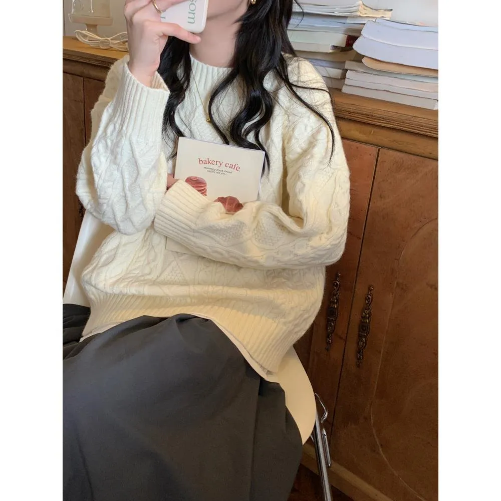 Fashionkova fall outfits 2024 Creamy-white Sweater Women's Autumn and Winter Loose Vintage Twist round Neck Lazy Pullover Sweater Women's Clothing