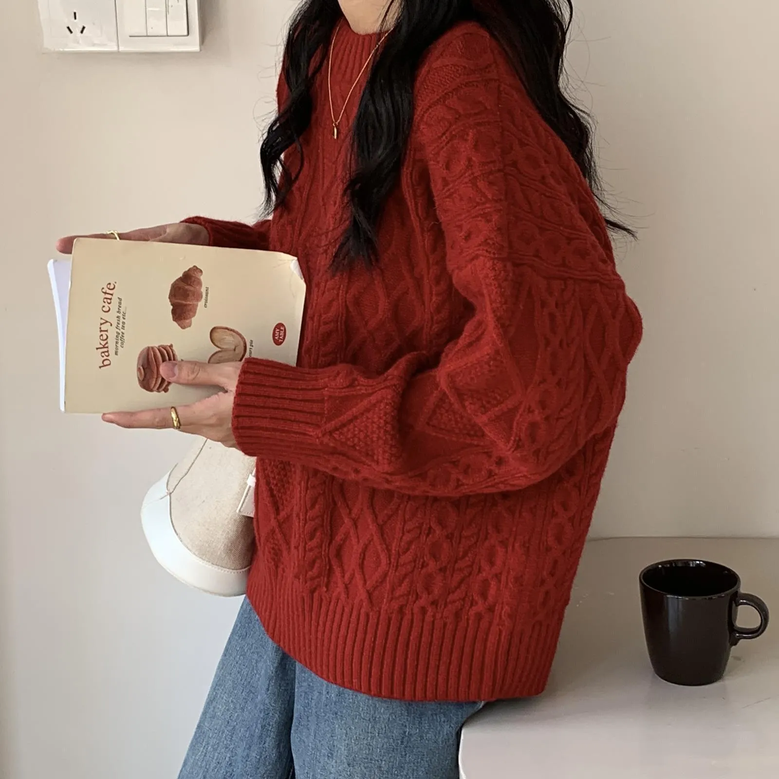 Fashionkova fall outfits 2024 Creamy-white Sweater Women's Autumn and Winter Loose Vintage Twist round Neck Lazy Pullover Sweater Women's Clothing
