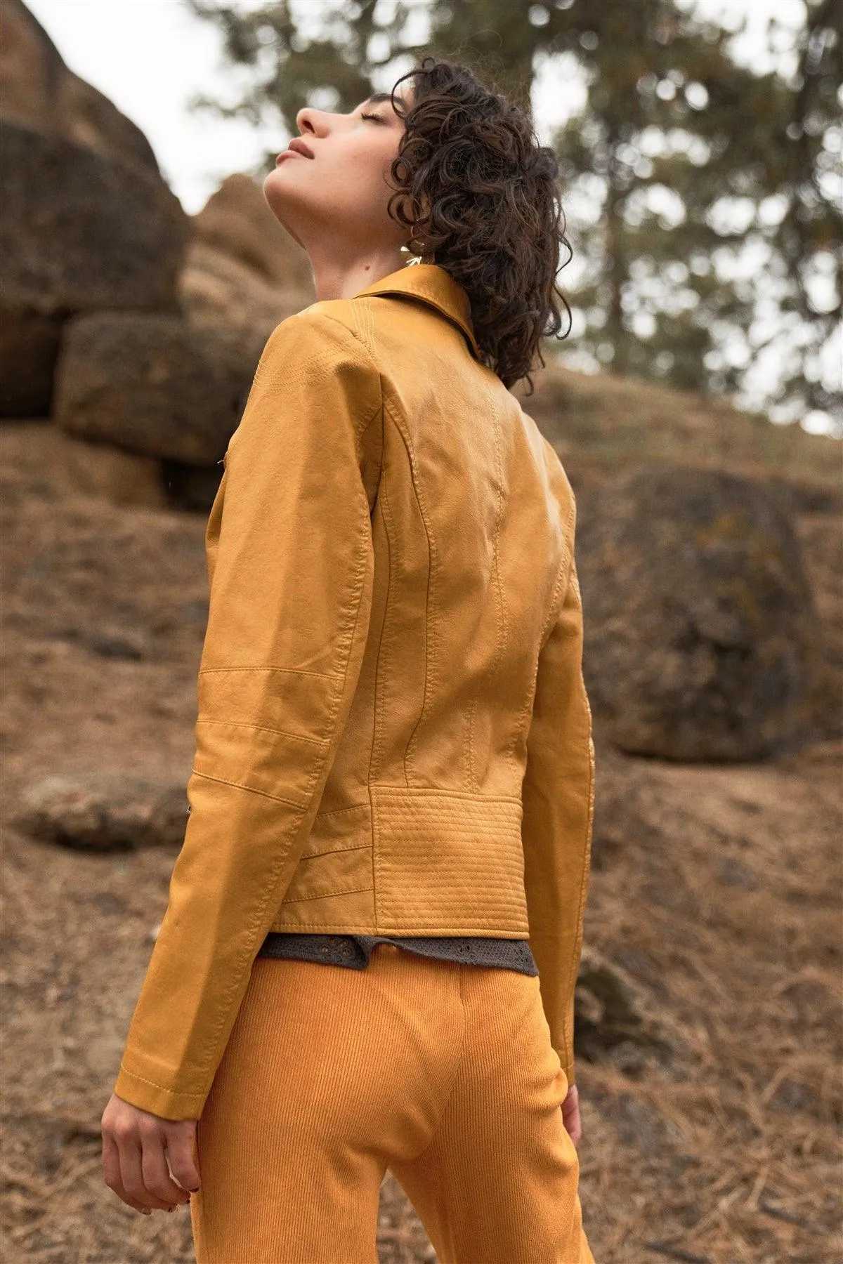 Gamboge Vegan Leather Long Sleeve Biker Jacket /1-1-1-1
