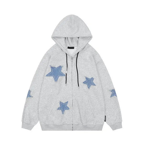 Girlary fall outfits women American Retro Star Patch Hooded Sweater Autumn Loose Casual Couple Cardigan Jacket