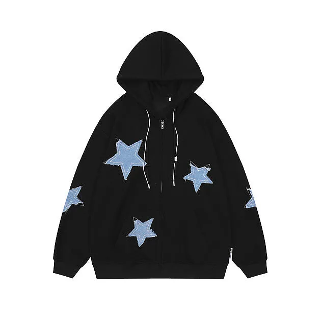 Girlary fall outfits women American Retro Star Patch Hooded Sweater Autumn Loose Casual Couple Cardigan Jacket