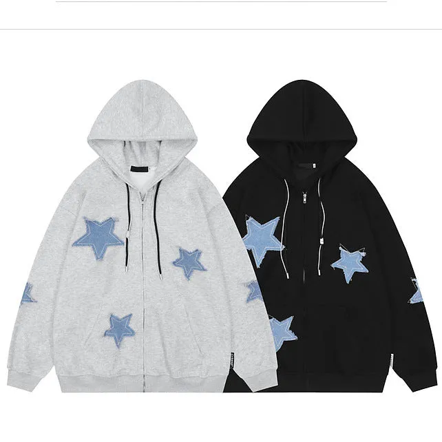 Girlary fall outfits women American Retro Star Patch Hooded Sweater Autumn Loose Casual Couple Cardigan Jacket
