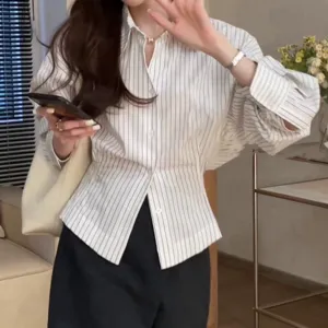 Girlary-shop business casual outfits for women Hong Kong Style Chic Striped Polo Collar Shirt Women's Early Autumn New Waist Pleated Long Sleeve Shirt Chic Split Top