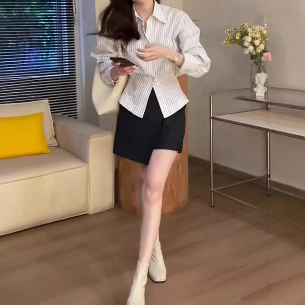 Girlary-shop business casual outfits for women Hong Kong Style Chic Striped Polo Collar Shirt Women's Early Autumn New Waist Pleated Long Sleeve Shirt Chic Split Top