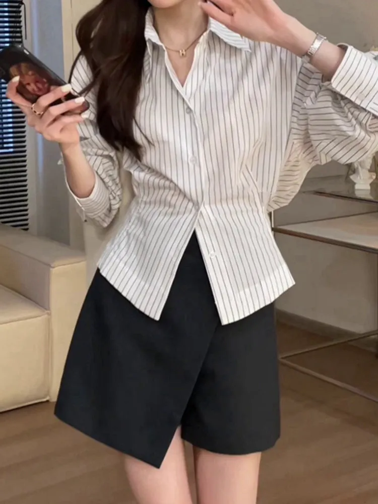 Girlary-shop business casual outfits for women Hong Kong Style Chic Striped Polo Collar Shirt Women's Early Autumn New Waist Pleated Long Sleeve Shirt Chic Split Top