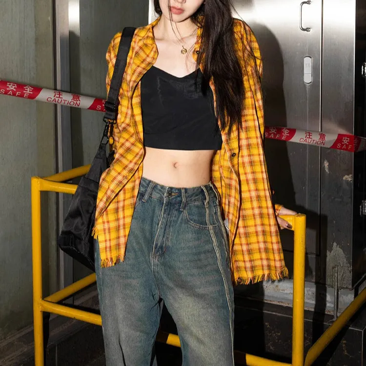 Girlary-shop pumpkin patch outfit American-Style Yellow Plaid Shirt Women's Spring New Dopamine Shirt Jacket Loose Casual Retro Couple Top