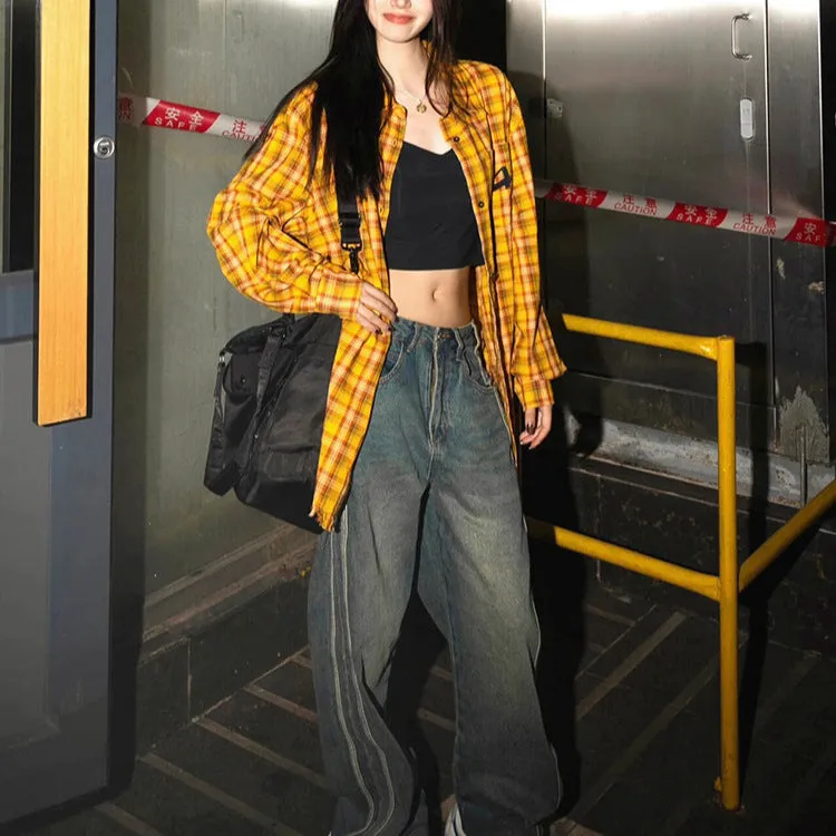 Girlary-shop pumpkin patch outfit American-Style Yellow Plaid Shirt Women's Spring New Dopamine Shirt Jacket Loose Casual Retro Couple Top