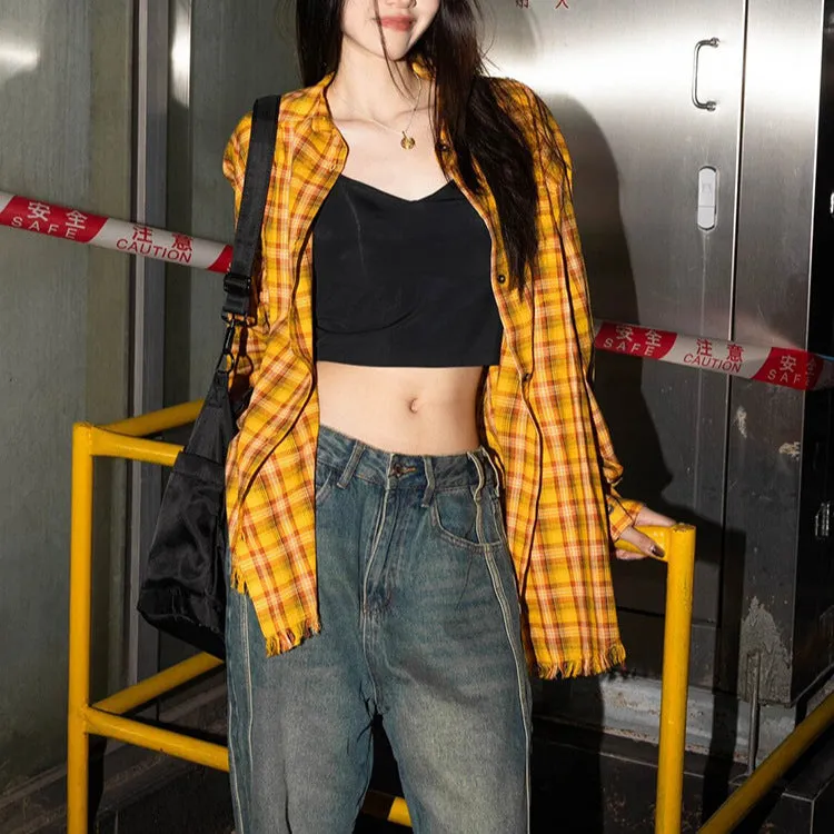 Girlary-shop pumpkin patch outfit American-Style Yellow Plaid Shirt Women's Spring New Dopamine Shirt Jacket Loose Casual Retro Couple Top