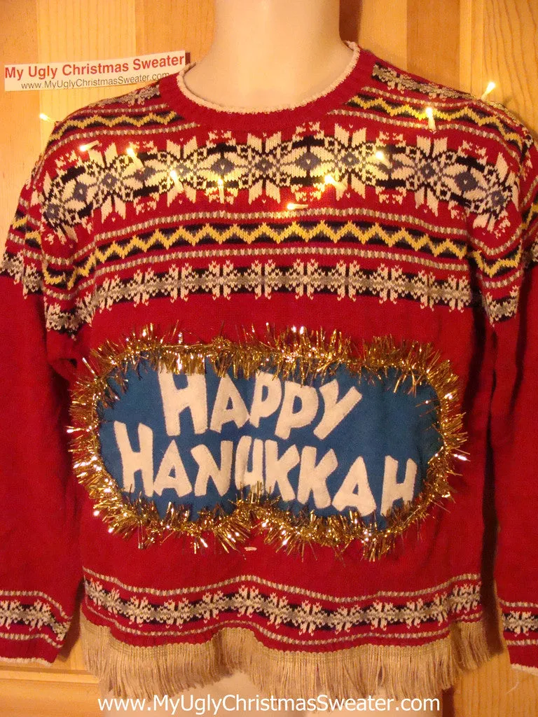 Happy Hanukkah Festive Sweater with Fringe and Lights (j77)