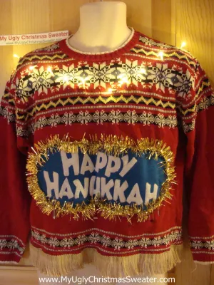 Happy Hanukkah Festive Sweater with Fringe and Lights (j77)