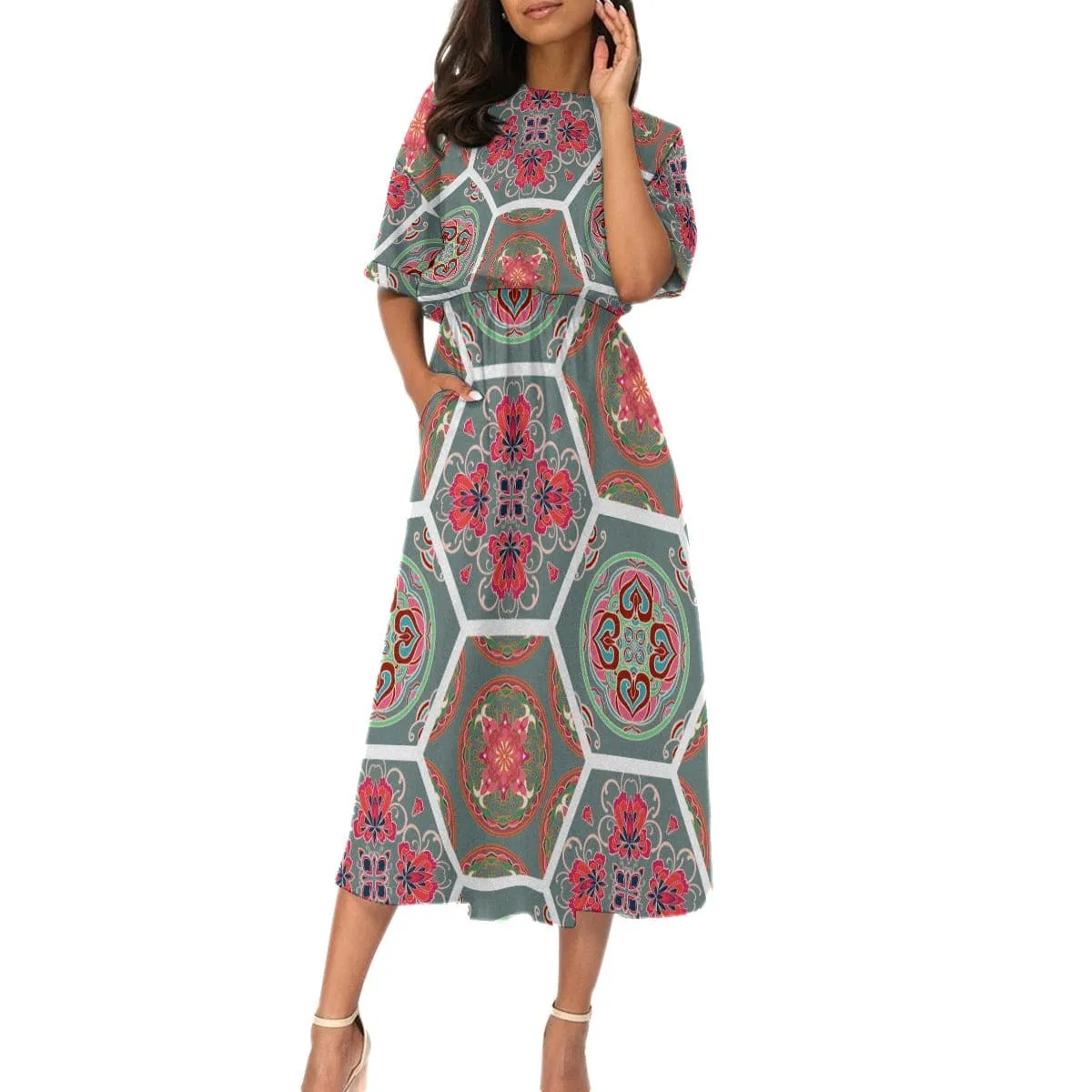 Hexafloral Petal - Print Women's Elastic Waist Dress