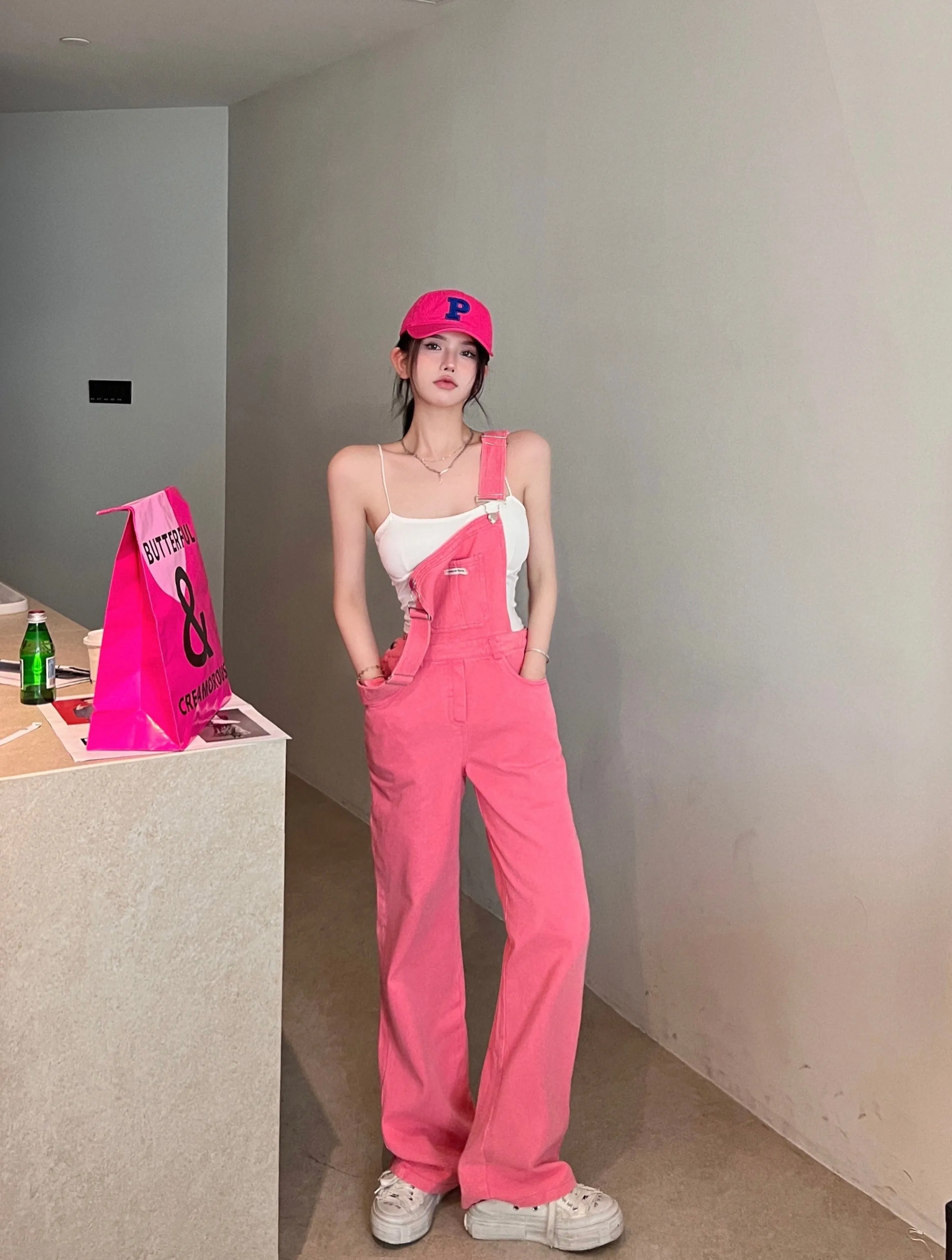 Hot Pink Loose Wide Leg Overalls Suspenders Pants