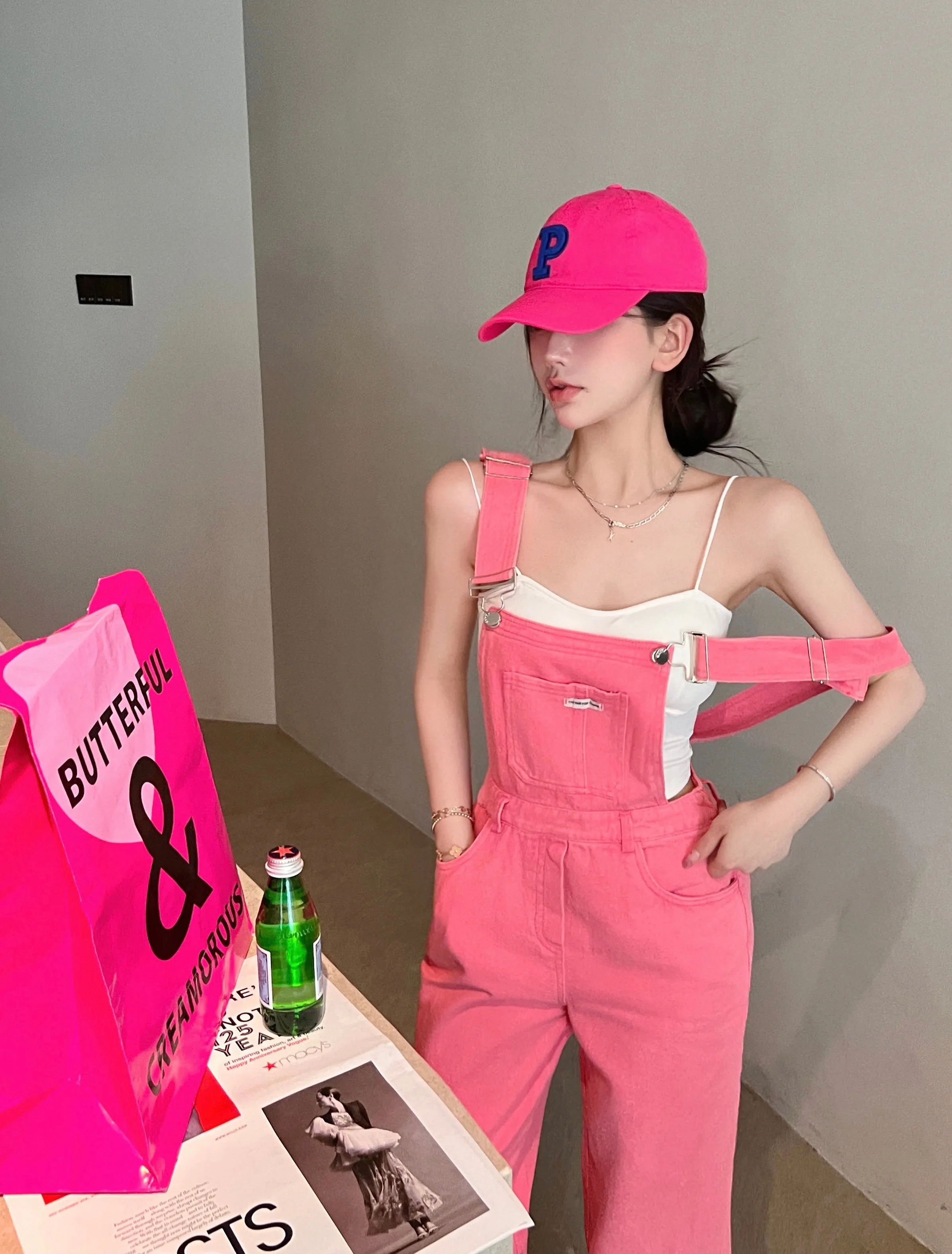 Hot Pink Loose Wide Leg Overalls Suspenders Pants