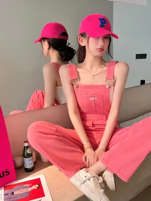 Hot Pink Loose Wide Leg Overalls Suspenders Pants