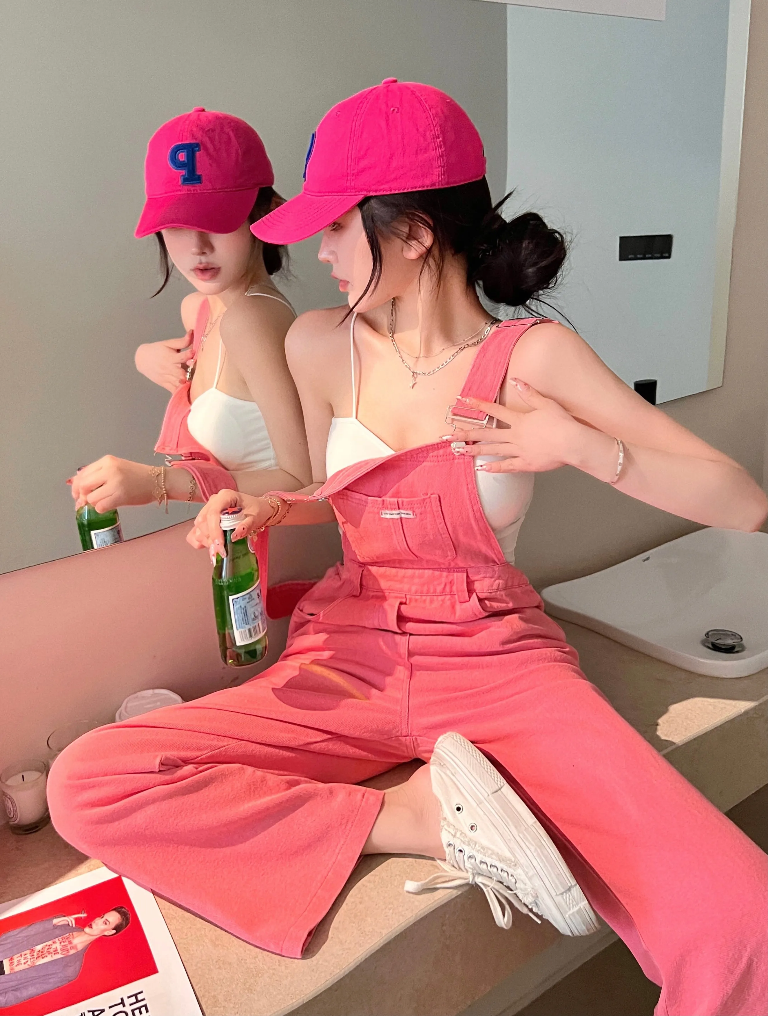 Hot Pink Loose Wide Leg Overalls Suspenders Pants