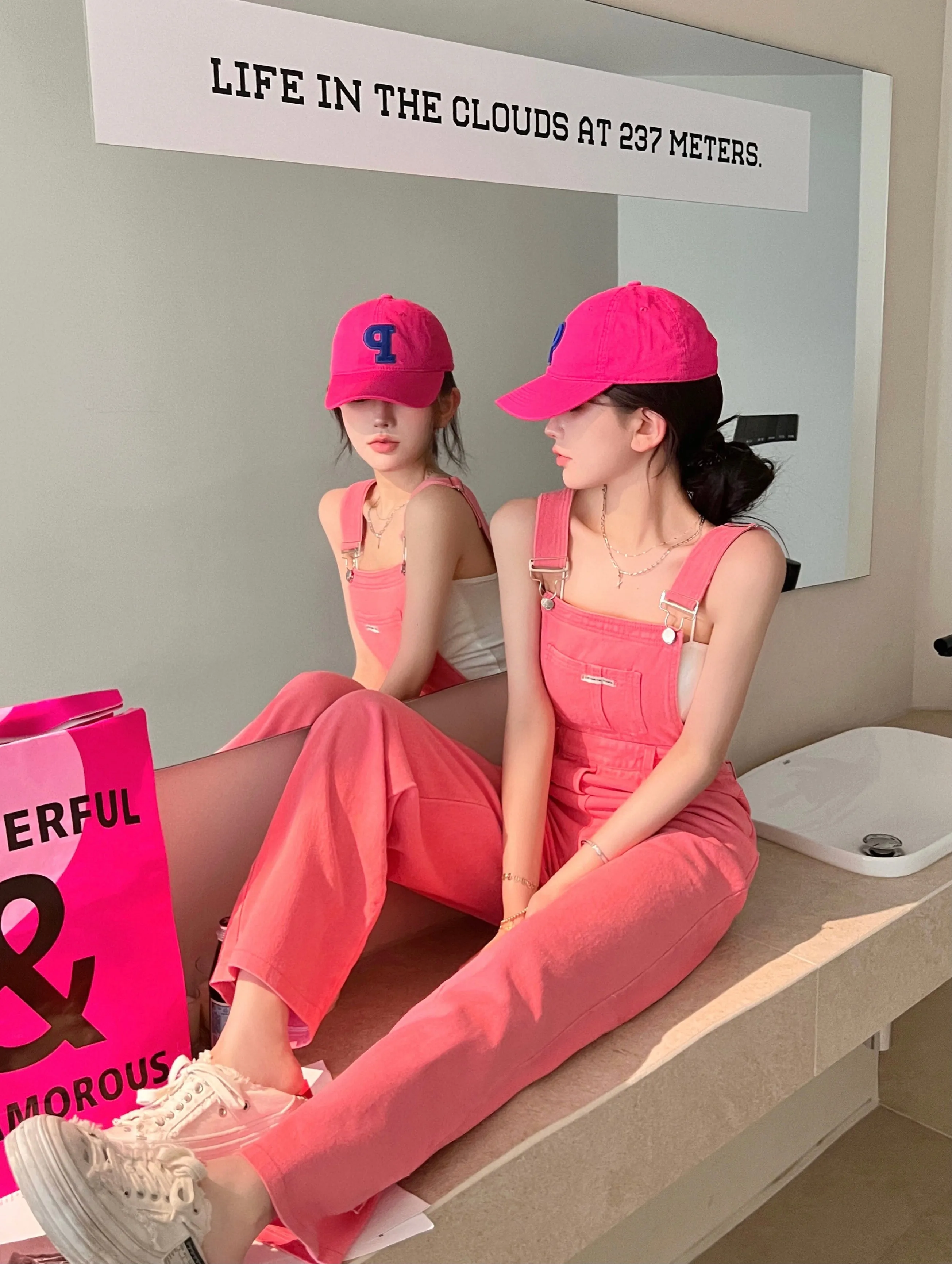 Hot Pink Loose Wide Leg Overalls Suspenders Pants