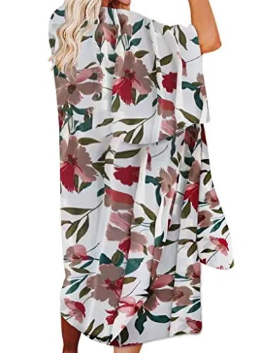 Jayscreate Women's Chiffon Kimono Cardigan Lightweight Batwing Summer Casual Sheer Swimsuit Up for Women Coverup Tops