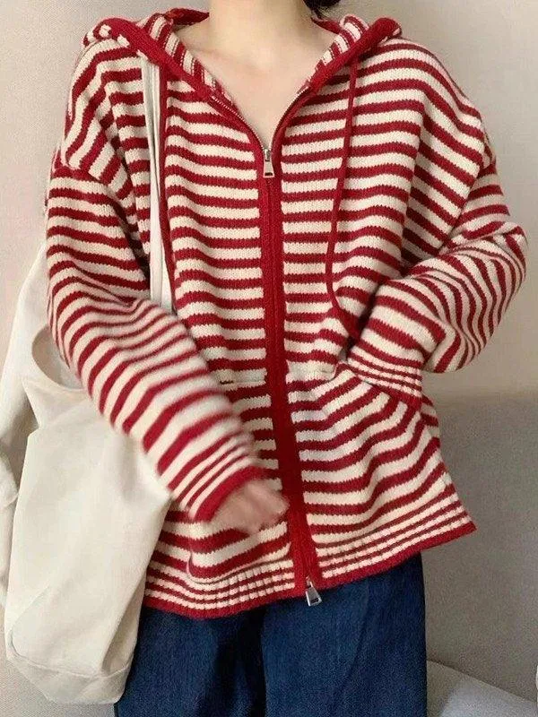 Joskaa Hooded Striped Long Sleeve Knit Cardigan