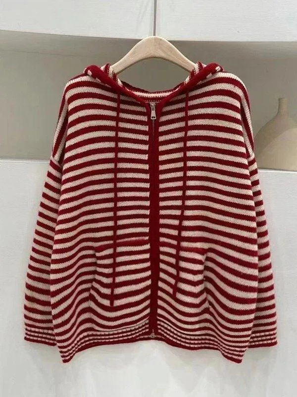 Joskaa Hooded Striped Long Sleeve Knit Cardigan