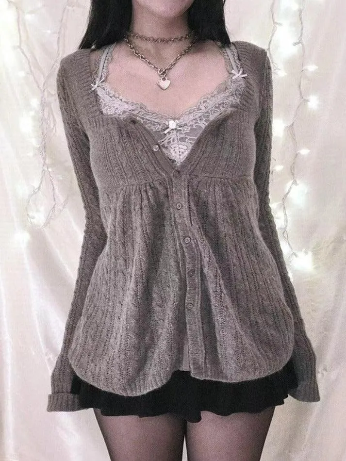 Joskaa Solid Pointelle Square Neck Knit Cardigan