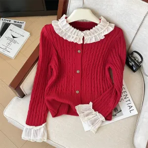 Lace Collar Beaded Pleated Cardigan
