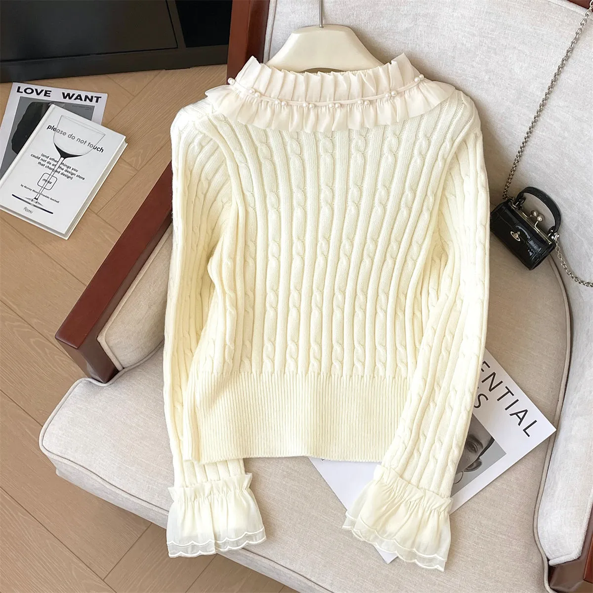 Lace Collar Beaded Pleated Cardigan