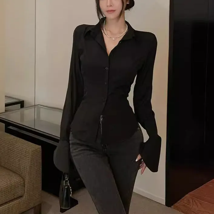 Lanfubeisi business casual outfits French Horn Long Sleeve Waist Tight Shirt Women's Autumn and Spring Design Sense Niche Shirt Tight Waist Slimming Lace-up Top