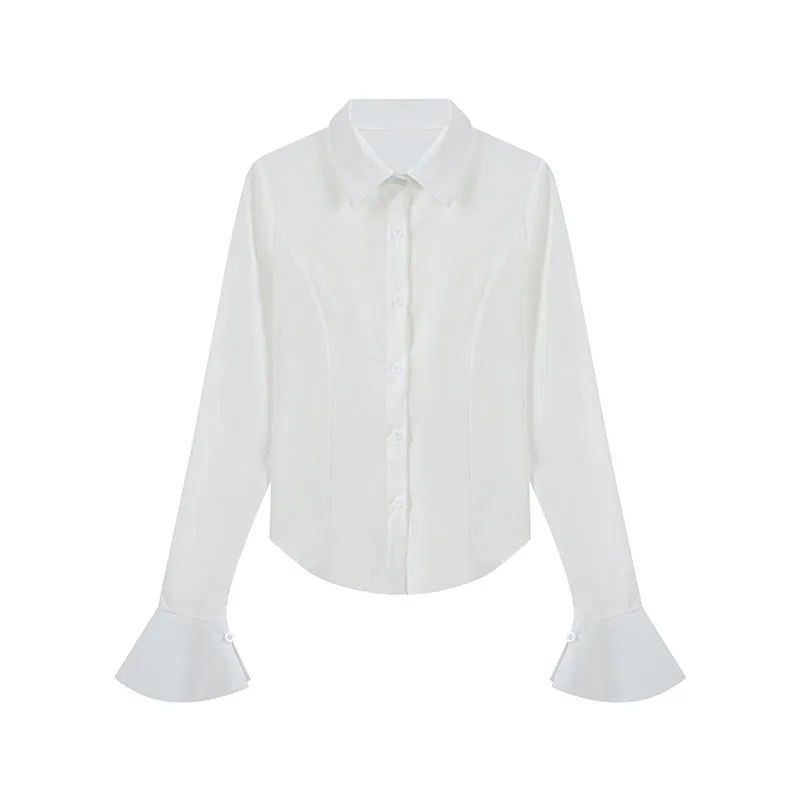 Lanfubeisi business casual outfits French Horn Long Sleeve Waist Tight Shirt Women's Autumn and Spring Design Sense Niche Shirt Tight Waist Slimming Lace-up Top
