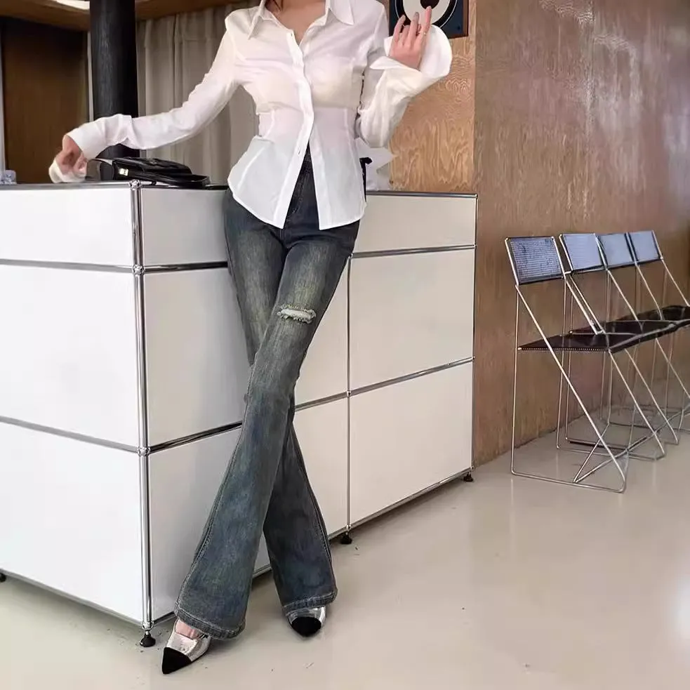 Lanfubeisi business casual outfits French Horn Long Sleeve Waist Tight Shirt Women's Autumn and Spring Design Sense Niche Shirt Tight Waist Slimming Lace-up Top