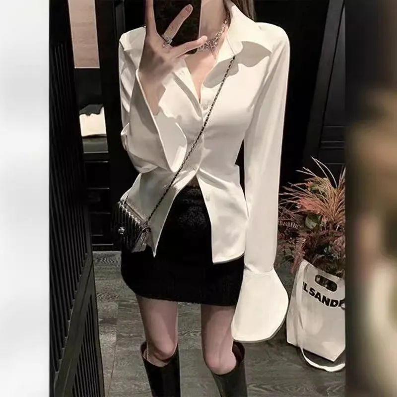 Lanfubeisi business casual outfits French Horn Long Sleeve Waist Tight Shirt Women's Autumn and Spring Design Sense Niche Shirt Tight Waist Slimming Lace-up Top
