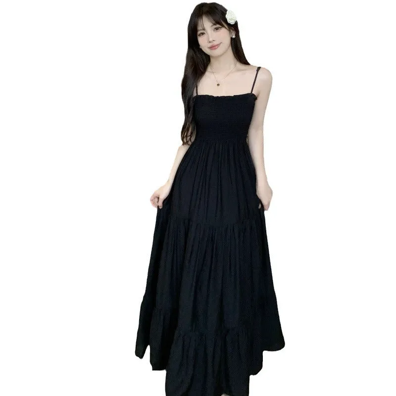 Lanfubeisi church outfit Spring/Summer New French Retro Hepburn Style Holiday Black Suspender Dress   Cardigan Two-Piece Set