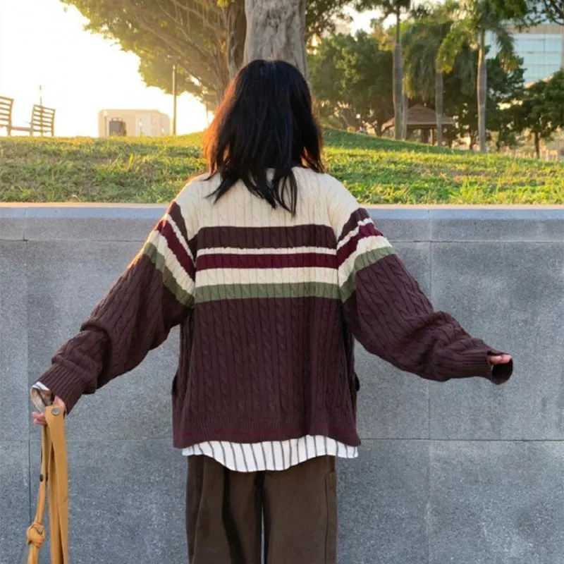 Lanfubeisi college outfits Soft Glutinous Vintage Twist Striped Zipper Sweater Cardigan Women's Autumn Loose Long Sleeve Lapel Sweater Coat