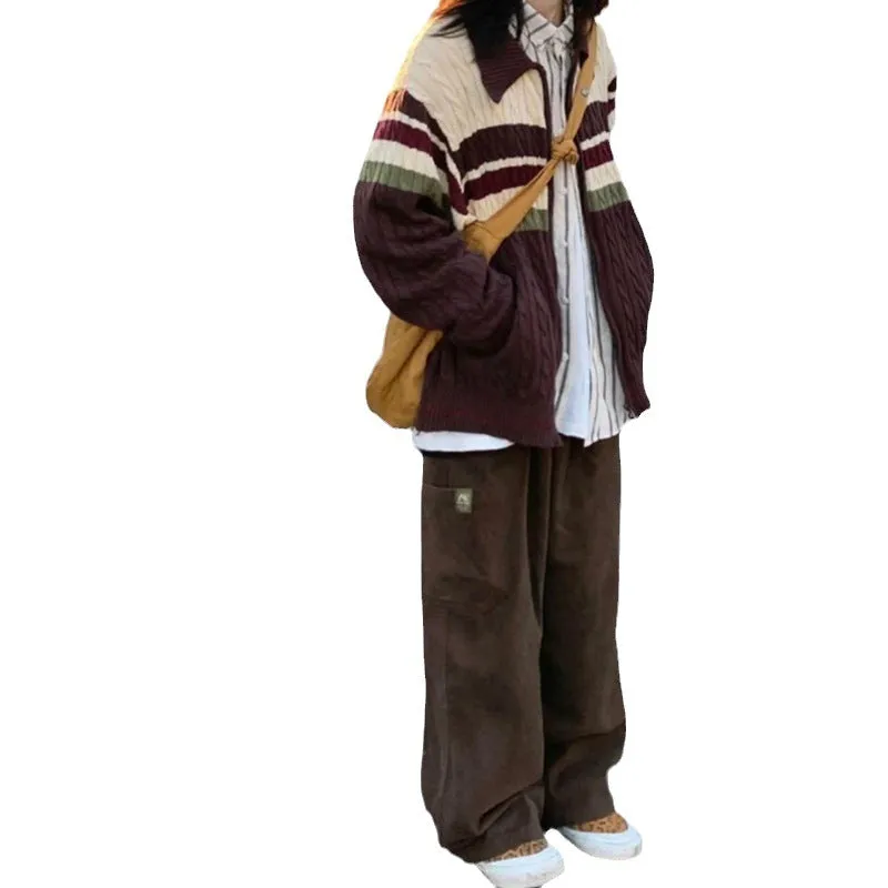 Lanfubeisi college outfits Soft Glutinous Vintage Twist Striped Zipper Sweater Cardigan Women's Autumn Loose Long Sleeve Lapel Sweater Coat