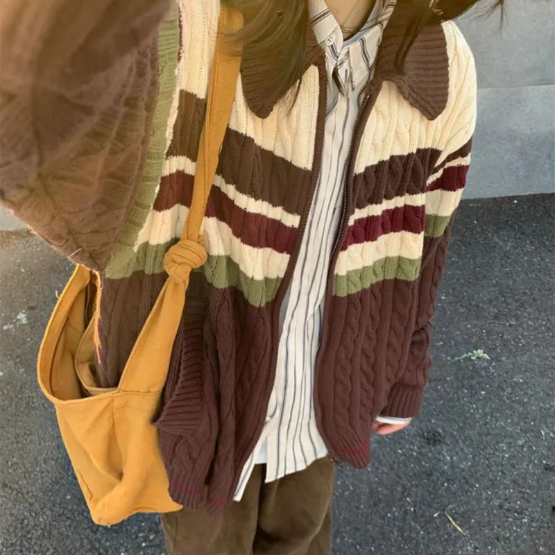 Lanfubeisi college outfits Soft Glutinous Vintage Twist Striped Zipper Sweater Cardigan Women's Autumn Loose Long Sleeve Lapel Sweater Coat