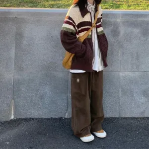 Lanfubeisi college outfits Soft Glutinous Vintage Twist Striped Zipper Sweater Cardigan Women's Autumn Loose Long Sleeve Lapel Sweater Coat