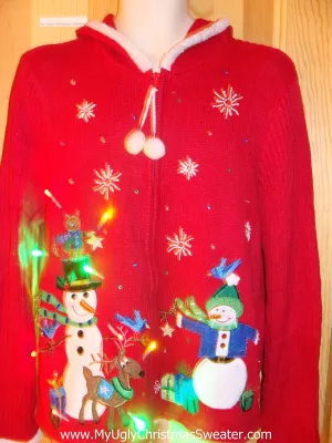 Light Up Red Ugly Xmas Sweater Hoddie with Cheesy Snowmen