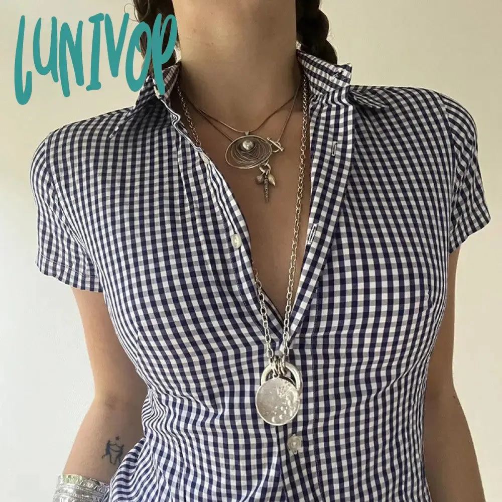 Lunivop 90s fashion Retro Casual Style Blue Plaid Short-Sleeved Shirt Women's Polo Collar Tight Waist Tight Single-Breasted Top