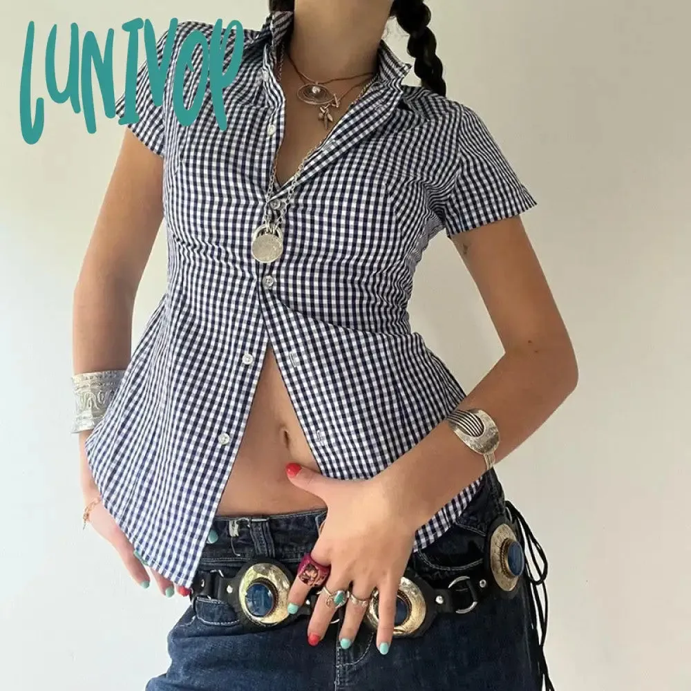 Lunivop 90s fashion Retro Casual Style Blue Plaid Short-Sleeved Shirt Women's Polo Collar Tight Waist Tight Single-Breasted Top