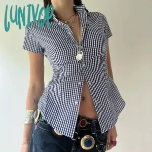 Lunivop 90s fashion Retro Casual Style Blue Plaid Short-Sleeved Shirt Women's Polo Collar Tight Waist Tight Single-Breasted Top