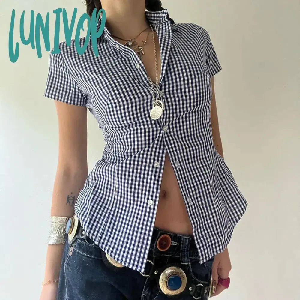 Lunivop 90s fashion Retro Casual Style Blue Plaid Short-Sleeved Shirt Women's Polo Collar Tight Waist Tight Single-Breasted Top