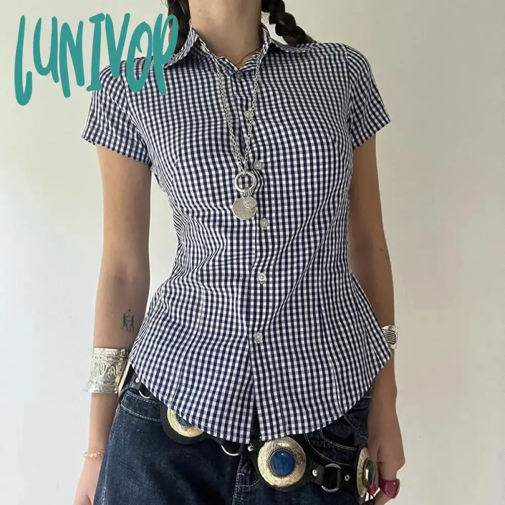 Lunivop 90s fashion Retro Casual Style Blue Plaid Short-Sleeved Shirt Women's Polo Collar Tight Waist Tight Single-Breasted Top