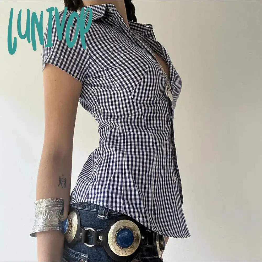 Lunivop 90s fashion Retro Casual Style Blue Plaid Short-Sleeved Shirt Women's Polo Collar Tight Waist Tight Single-Breasted Top