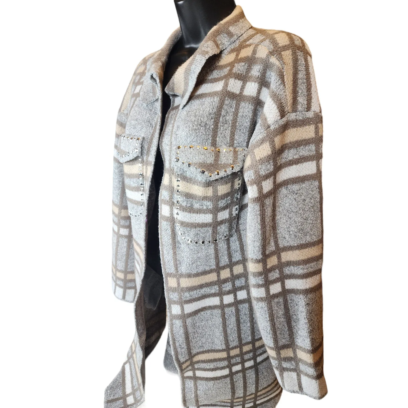 Madison Plaid Knit Cardigan Sweater Womens Large Open Front Layering Rhinestone