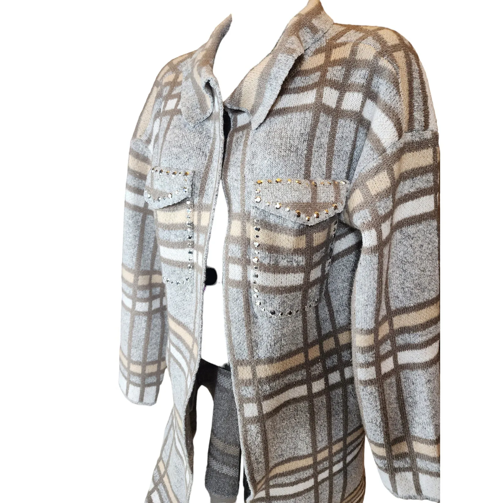 Madison Plaid Knit Cardigan Sweater Womens Large Open Front Layering Rhinestone