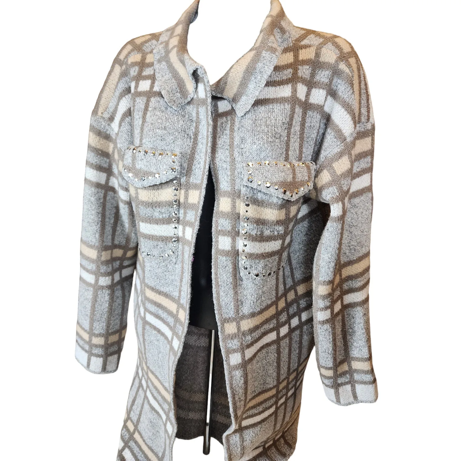 Madison Plaid Knit Cardigan Sweater Womens Large Open Front Layering Rhinestone