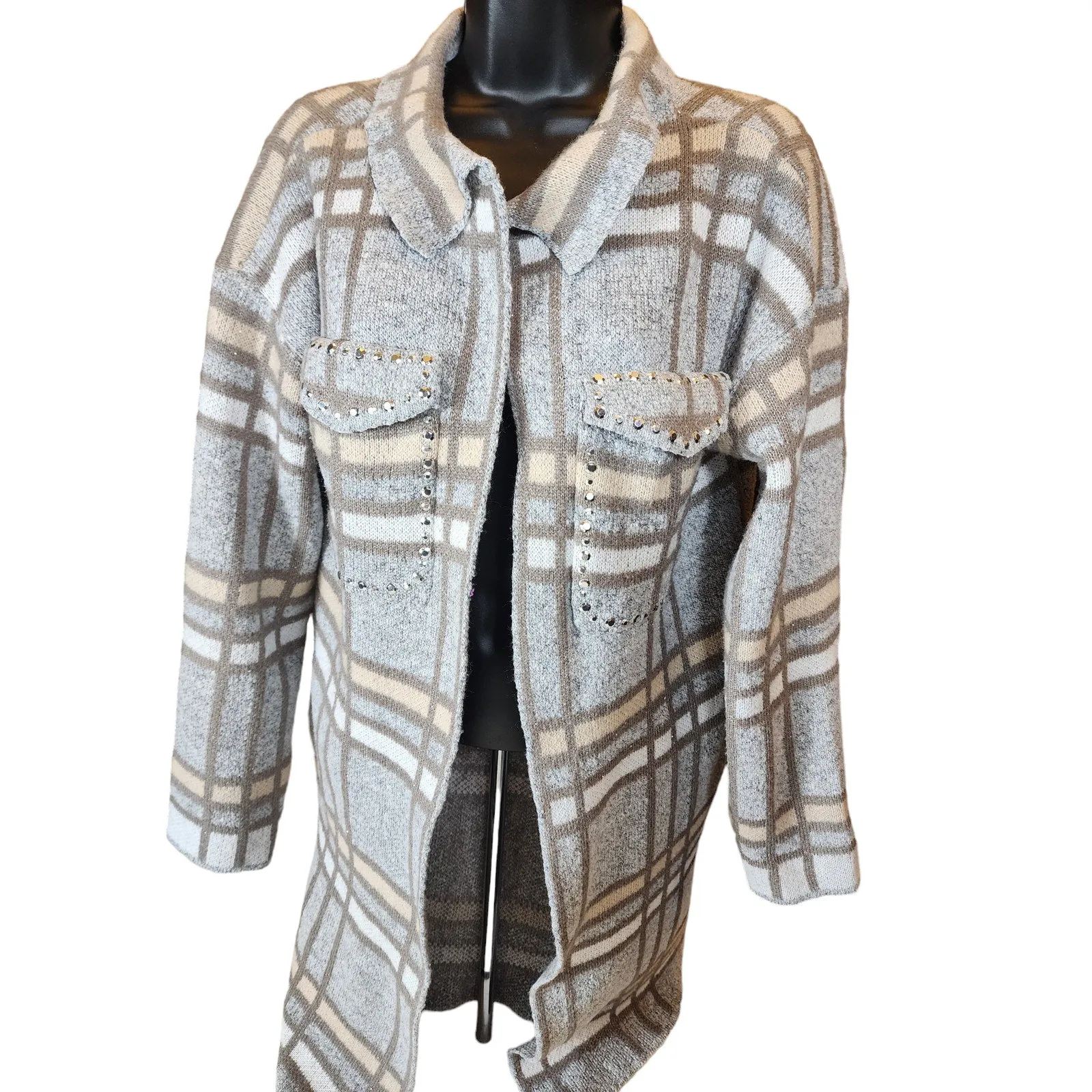 Madison Plaid Knit Cardigan Sweater Womens Large Open Front Layering Rhinestone
