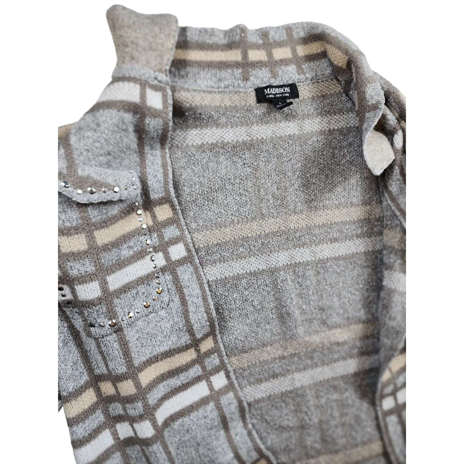 Madison Plaid Knit Cardigan Sweater Womens Large Open Front Layering Rhinestone